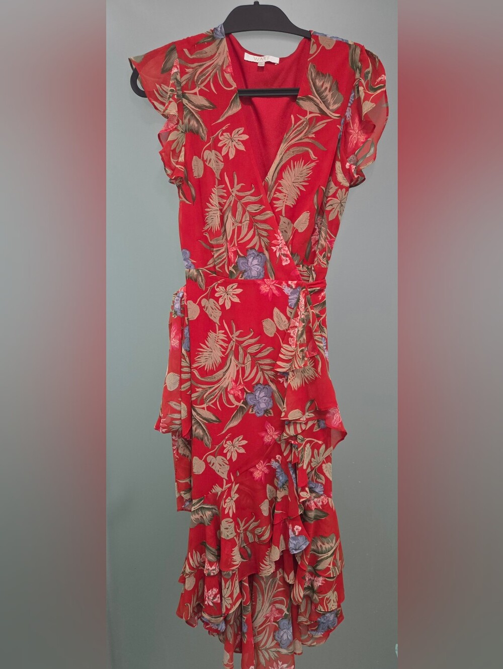 Wayf Red Tropical Floral Asymmetrical Wrap Midi Dress